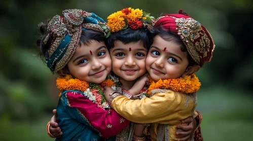 Three Children Embrace with Flower Garlands