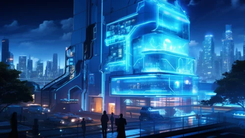 Futuristic Cityscape with Blue Lamps - Hyper-Detailed Illustration