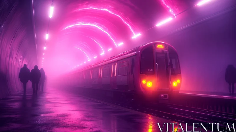 Purple Light Train in an Old Slender Tunnel - Hyper-Realistic Pop Art AI Image