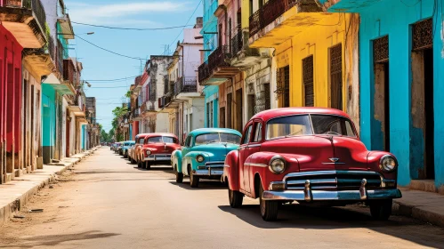 Vintage Cuban Street Scene with Classic American Cars