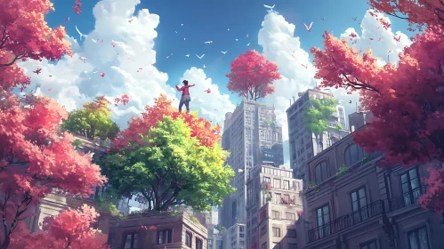 Urban Nature Scenery with trees and birds