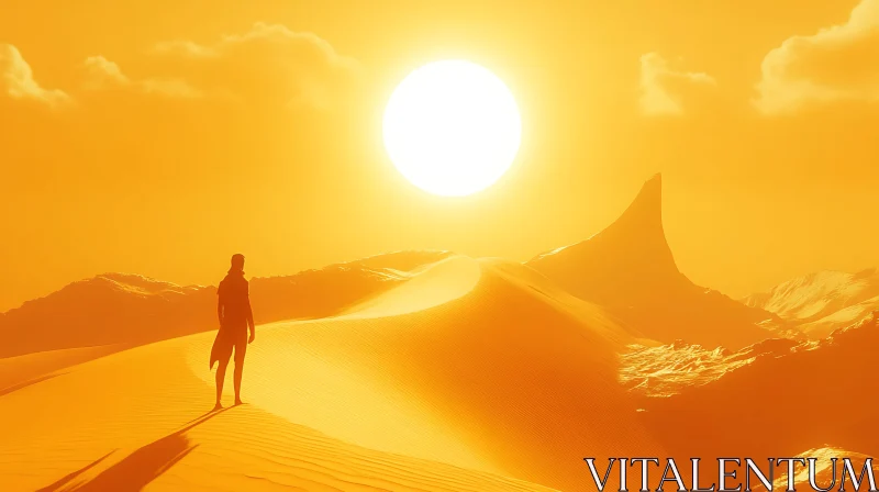 Solitary Desert Figure in Golden Light AI Image