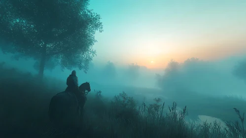 Lone Rider in Foggy Landscape