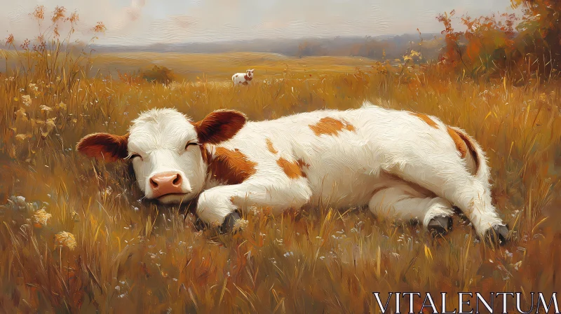 Peaceful Calf in Golden Field AI Image