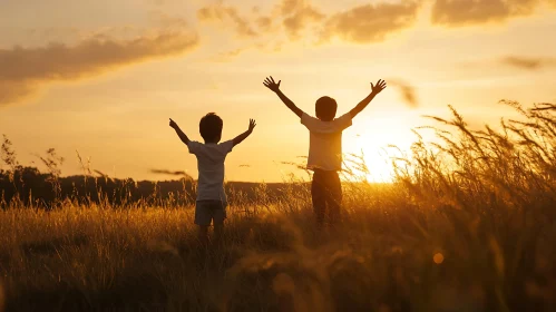 Kids Celebrating Sunset in Golden Field