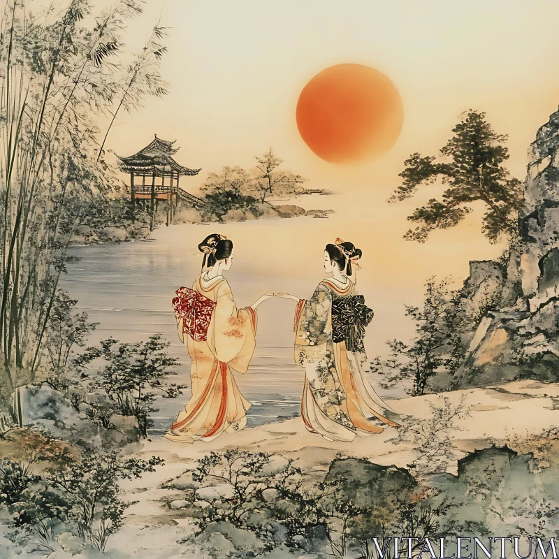 AI ART Tranquil Waters: Kimono Women Art Print