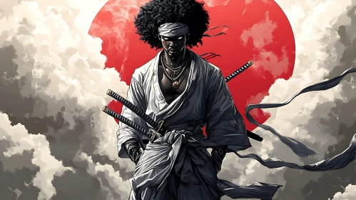 Samurai Warrior with Afro and Swords