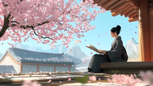 Woman Reading Under Cherry Blossoms