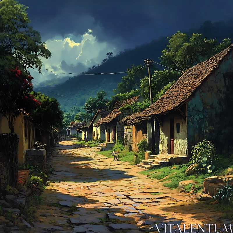 Quaint Village Street with Rustic Houses AI Image