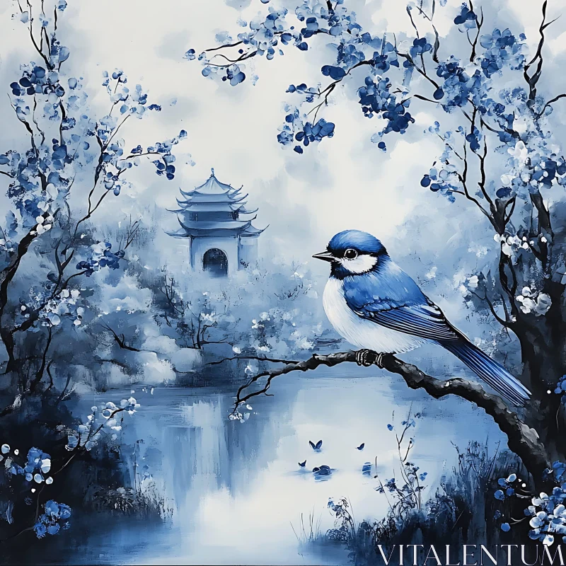 Blue Bird and Pagoda Reflection AI Image