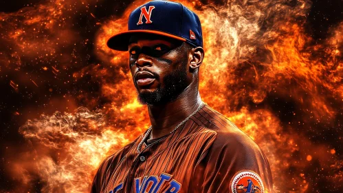 Intense Baseball Man with Fiery Background