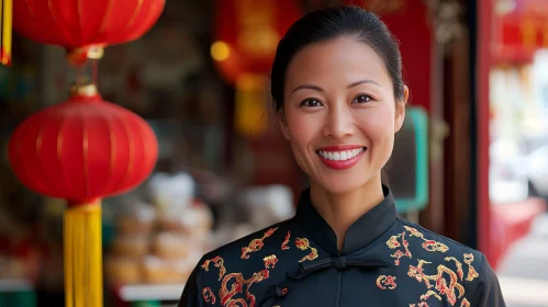 Woman in Traditional Dress with Red Lanterns