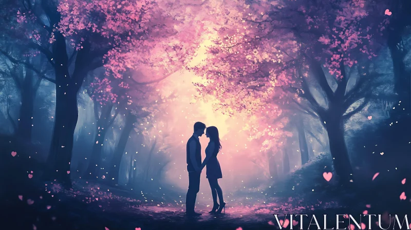 AI ART Silhouette Couple in Pink Forest