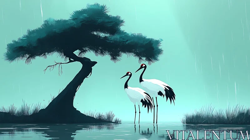 Cranes under the weeping tree in the rain AI Image