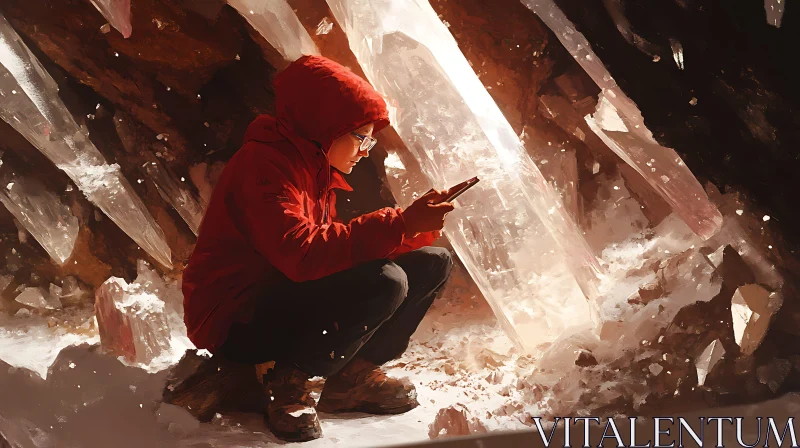 Person in Cave with Crystals AI Image