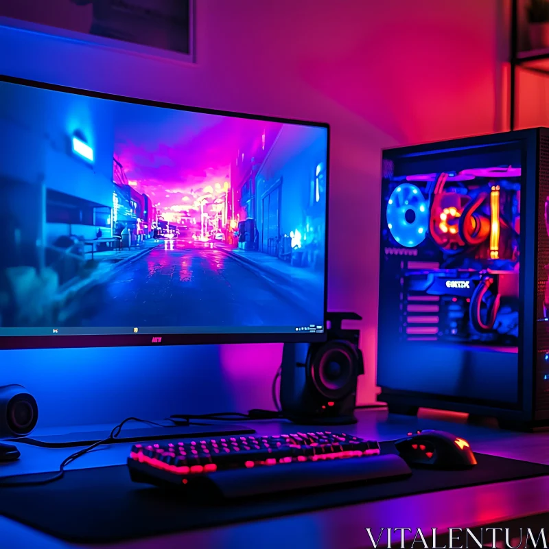 RGB Gaming Desk with High-End PC AI Image