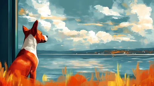 Whimsical Dog and Lake Scene