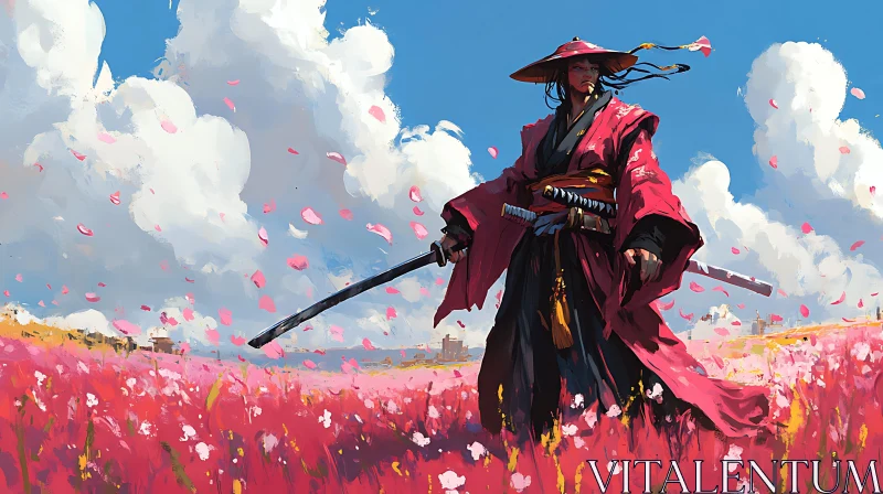 Warrior in a Floral Landscape AI Image