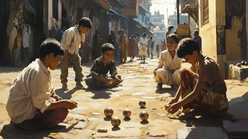 Boys Playing Marbles on a Sunny Street