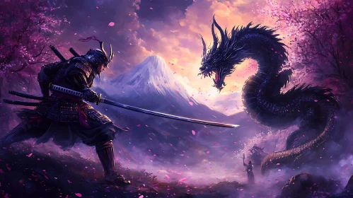 Warrior Confronts Dragon Under Cherry Blossoms