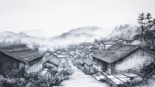 Monochrome Mountain Village Painting