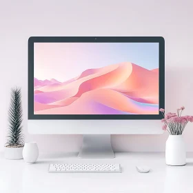 Modern Desktop Setup with Pastel Abstract Art