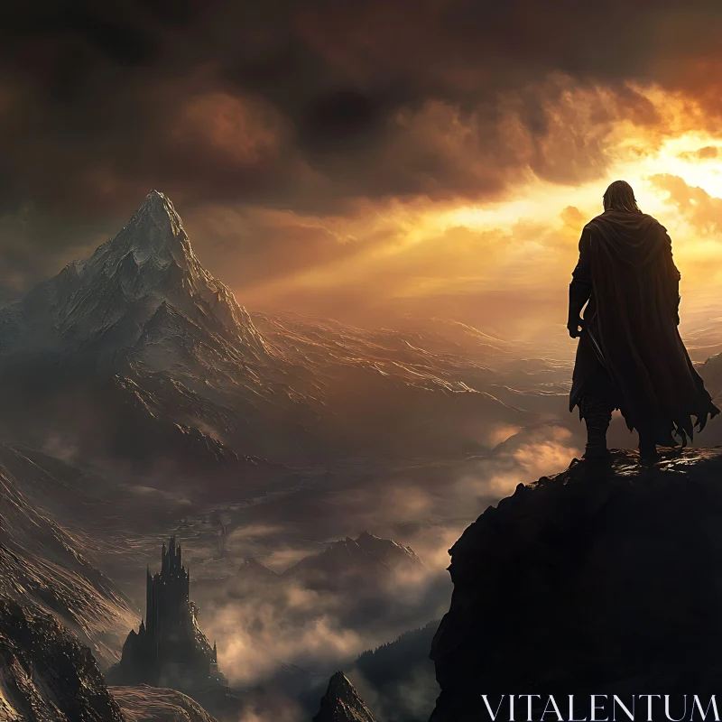 Cloaked Figure Overlooking Mountainous Landscape at Sunset AI Image