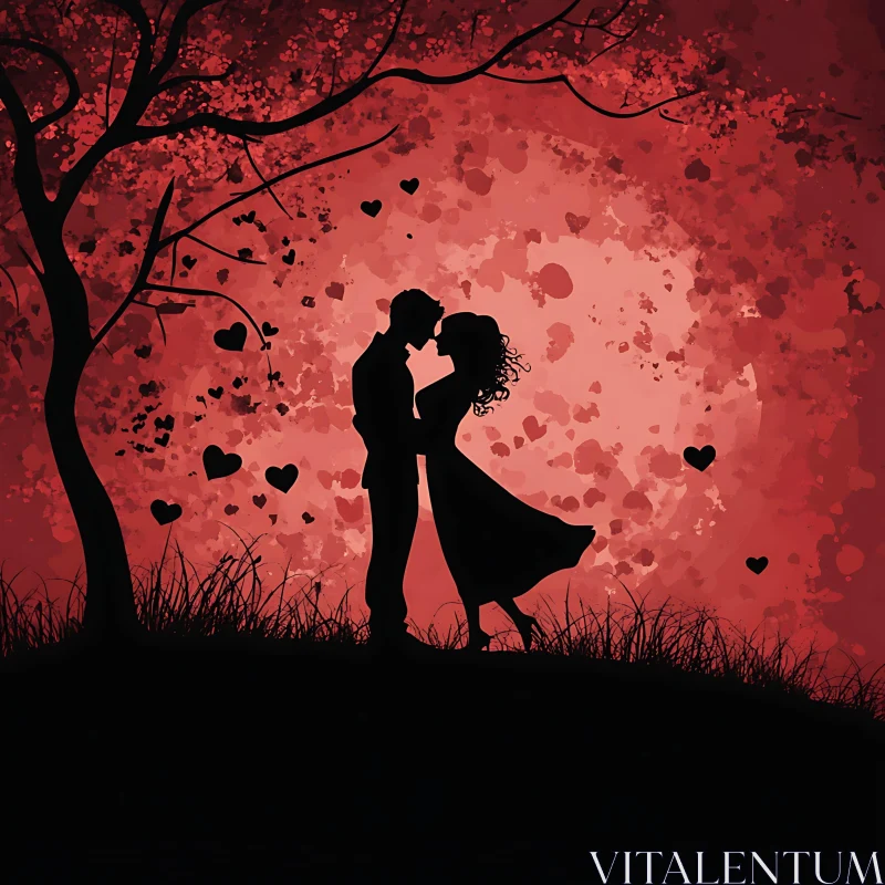 Silhouette Couple Embrace with Heart Tree AI Image