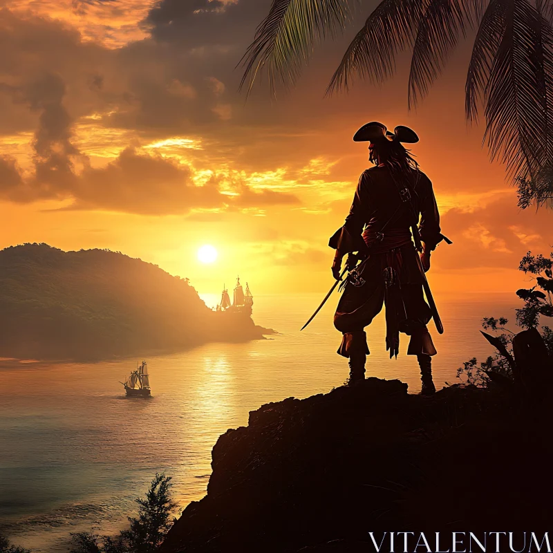 AI ART Seascape with Pirate Silhouette at Sunset