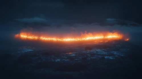 Surreal Nighttime Fiery Landscape Over Ocean