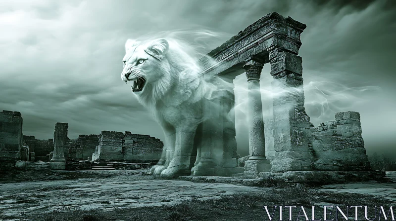 AI ART Ethereal Lion in Ancient Ruins