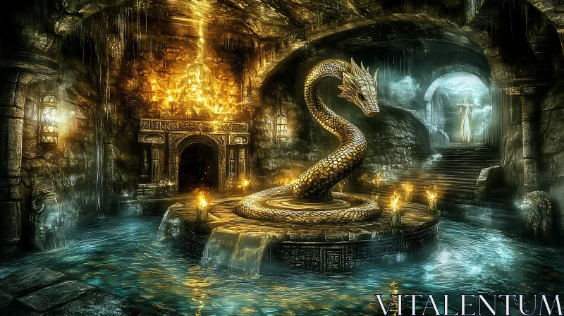 AI ART Golden Dragon Statue in Water Cave