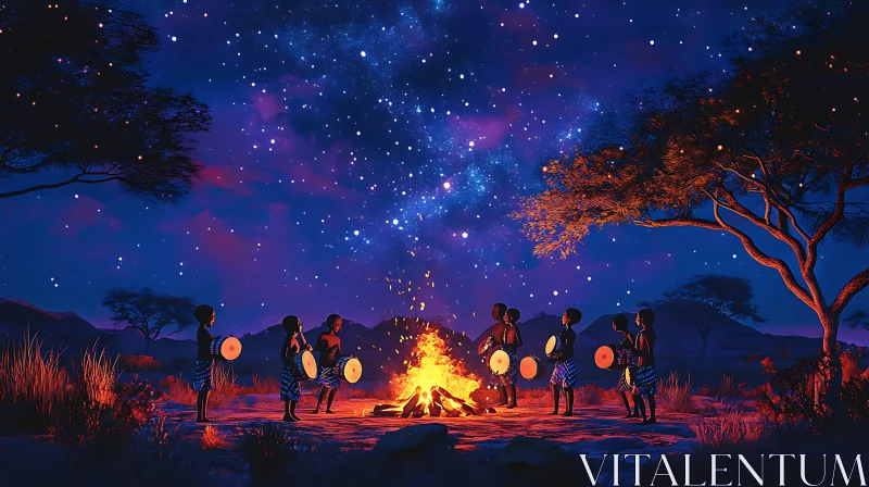 AI ART Bonfire Drummers Under Starry Night Sky