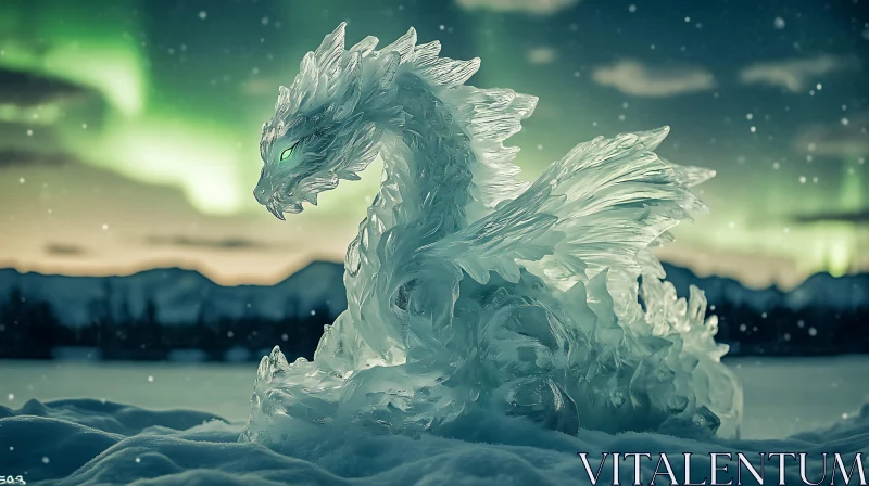 Frozen Dragon Sculpture with Aurora Backdrop AI Image