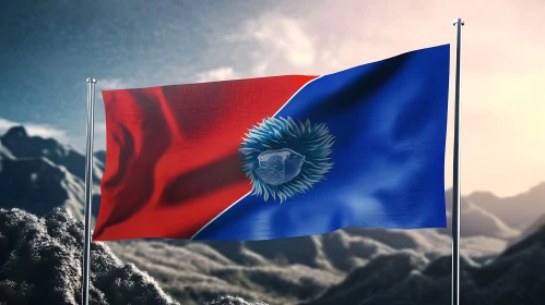 Red and Blue Flag Waving in Mountain Landscape