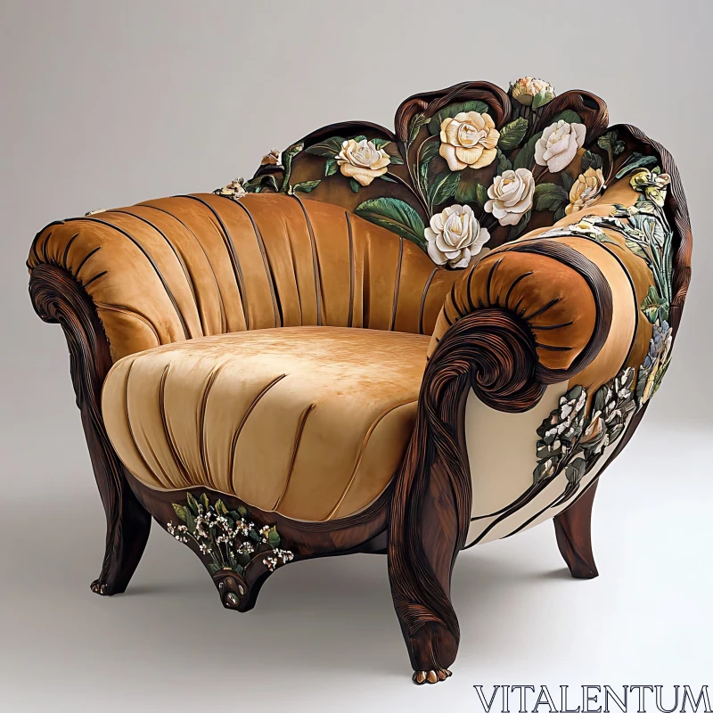 AI ART Elegant Upholstered Armchair with Floral Wood Detailing