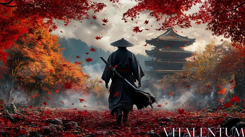 Lone Samurai in Autumn Landscape AI Image