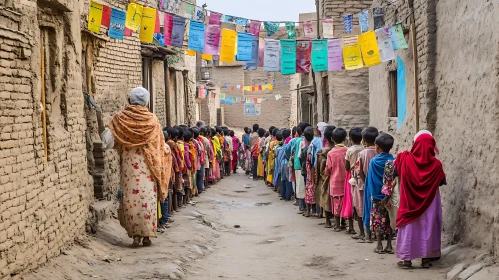 Children Line Up Village Street