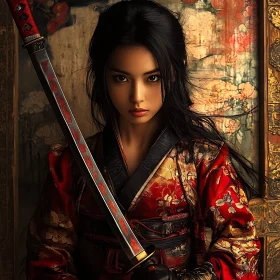 Female Warrior with Katana in Traditional Dress