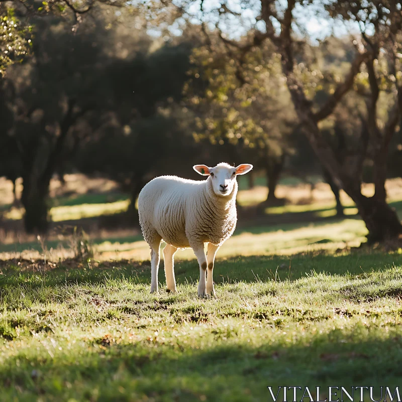 Sunlit Sheep in Green Field AI Image