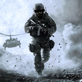 Military Soldier Running with Rifle