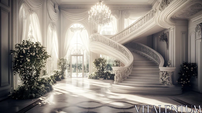 Elegant Foyer with Ornate Staircase and Crystal Chandelier AI Image