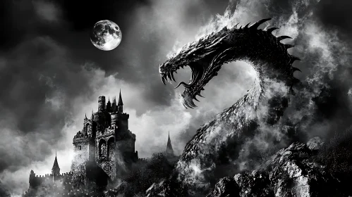 Monochrome Dragon and Castle Fantasy