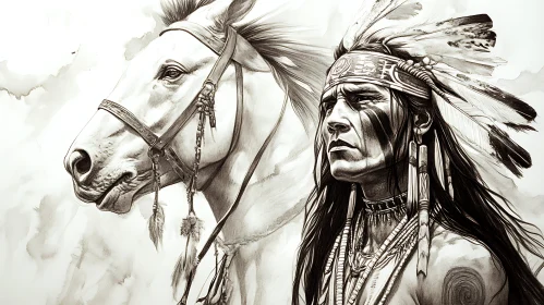 Native American and Horse Monochrome Art