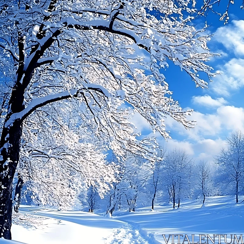 Snowy Winter Trees and Path Under Blue Sky AI Image