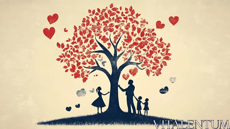 AI ART Silhouette Family Under Heart Tree