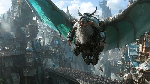 Flying Dwarf in Metropolis Illustration