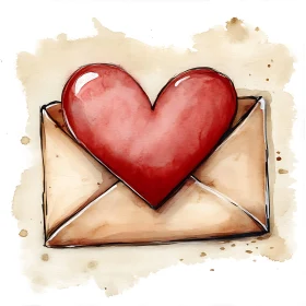 Watercolor Red Heart on Envelope Painting