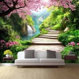 Tranquil Garden with Stone Path and Blooming Flowers