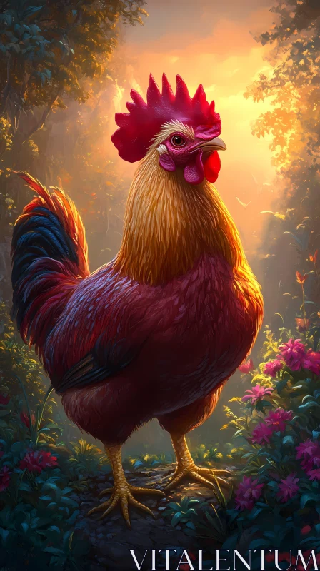 Colorful Rooster in a Morning Forest AI Image